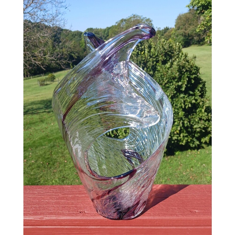 Murano Art Glass Wave Split Swirl Clear & Purple Vase 14.5 H Sculpture BEAUTY !